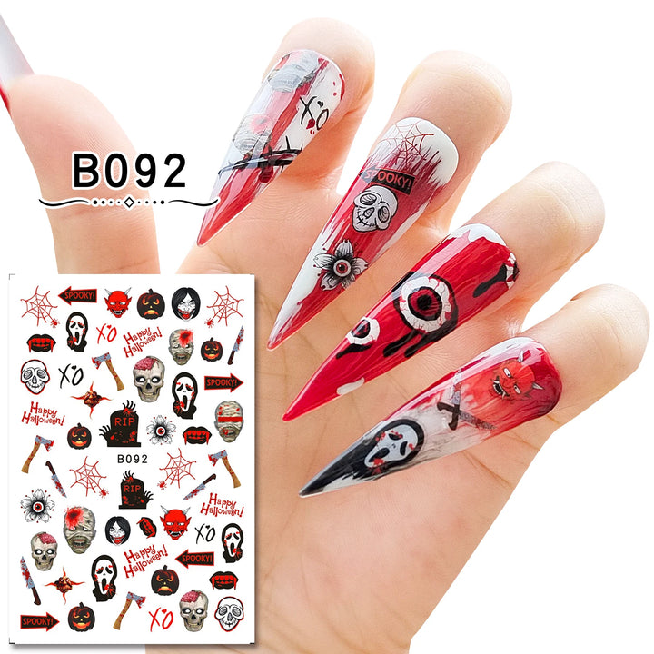 12 Sheets Various Halloween Scary Elements Skull Head Blooding Lip Spider Adhesive Nail Art Stickers Decals Manicure Acessories