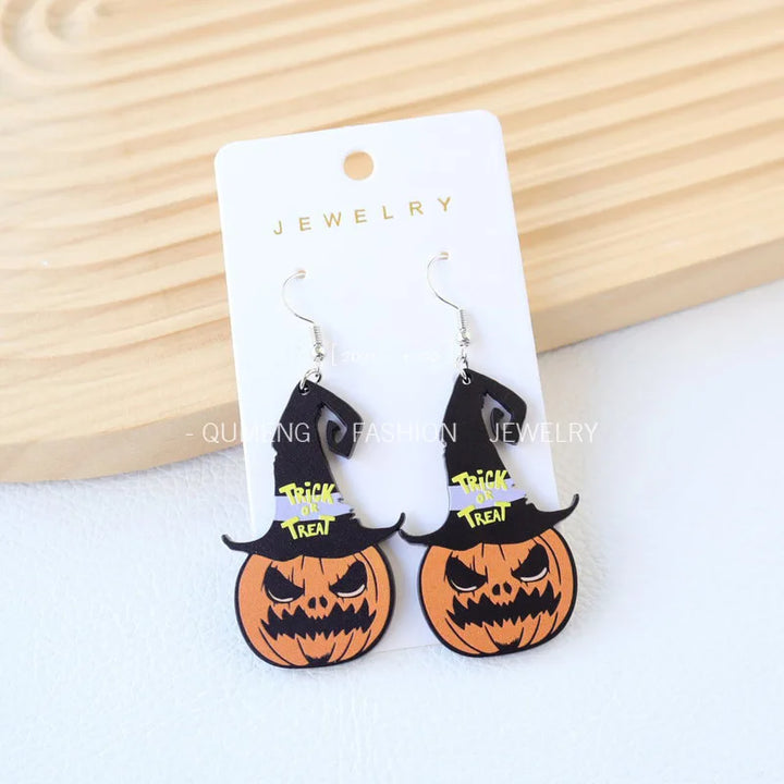 1Pair Acrylic Ghost Skull Pumpkin Earring Witch Hat Ear Pendant for Women Cartoon Ear Ring Halloween Festival Holiday Party Gift