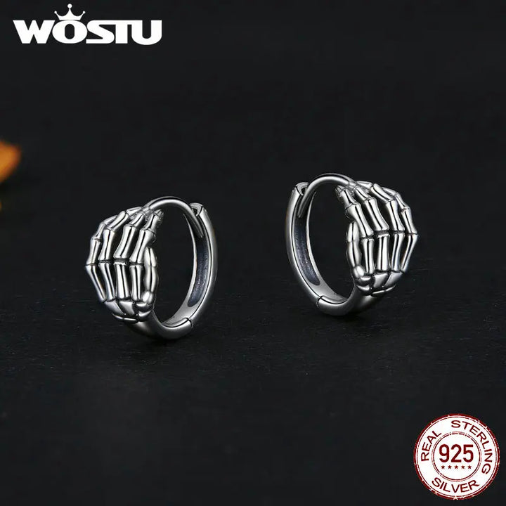 WOSTU 925 Sterling Silver Skeleton Hand Opening Ring Ear Buckle Oxidized Silver Jewelry For Women Girls Halloween Punk Jewelry
