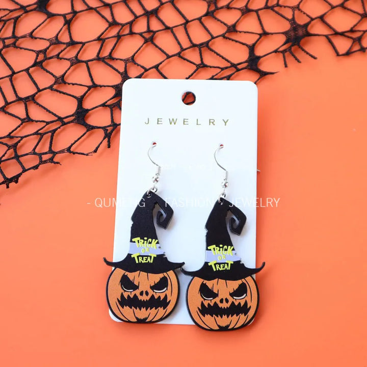 1Pair Acrylic Ghost Skull Pumpkin Earring Witch Hat Ear Pendant for Women Cartoon Ear Ring Halloween Festival Holiday Party Gift