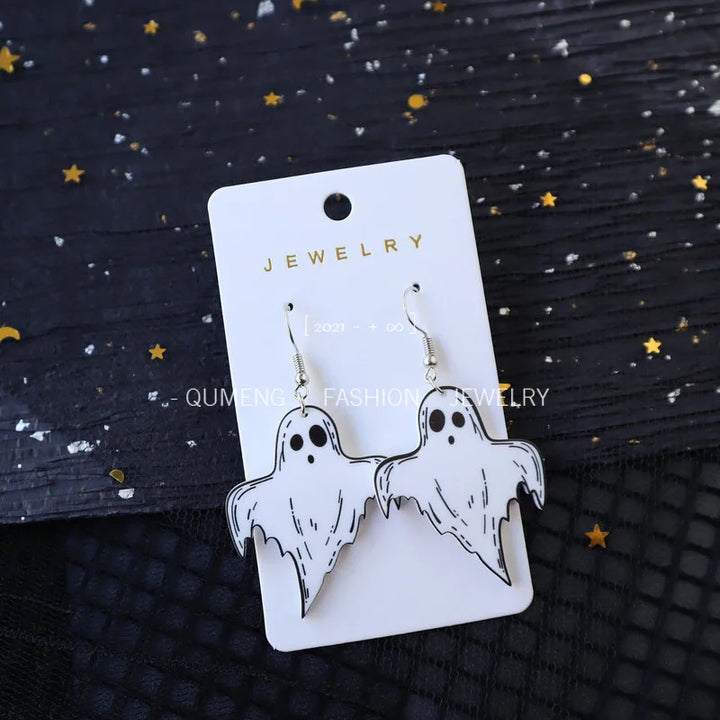 1Pair Acrylic Ghost Skull Pumpkin Earring Witch Hat Ear Pendant for Women Cartoon Ear Ring Halloween Festival Holiday Party Gift