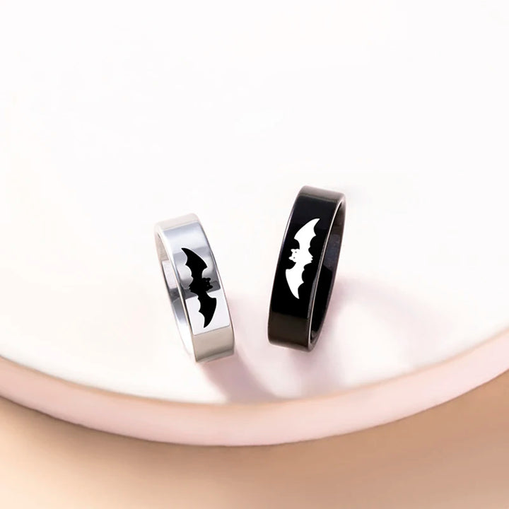 Yin Yang Bat Stainless Steel Couple Rings Punk Black Silver Color Vampire Ring For Women Men Halloween Jewelry