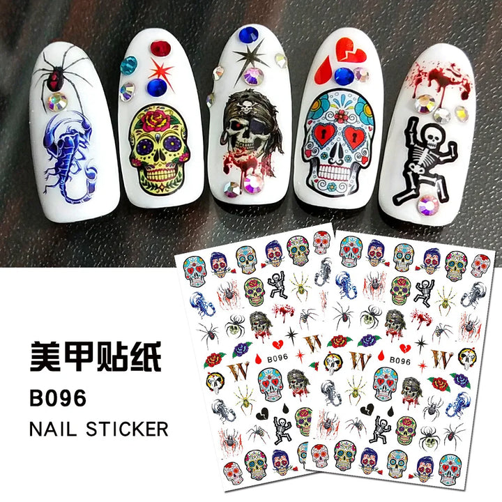 12 Sheets Various Halloween Scary Elements Skull Head Blooding Lip Spider Adhesive Nail Art Stickers Decals Manicure Acessories