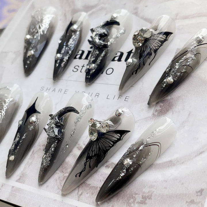 10pcs Gothic Y2k Press On Nails Long Stiletto Metal Butterfly Fake Nails Handmade Ins Punk Style False Nails Silver Flash Design