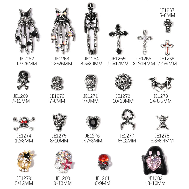 10PCS Halloween Ornaments 3D Metal Nail Art Decorations Black Skull Spider Hand Skeleton Design Jewelry DIY Decor Accessories &*