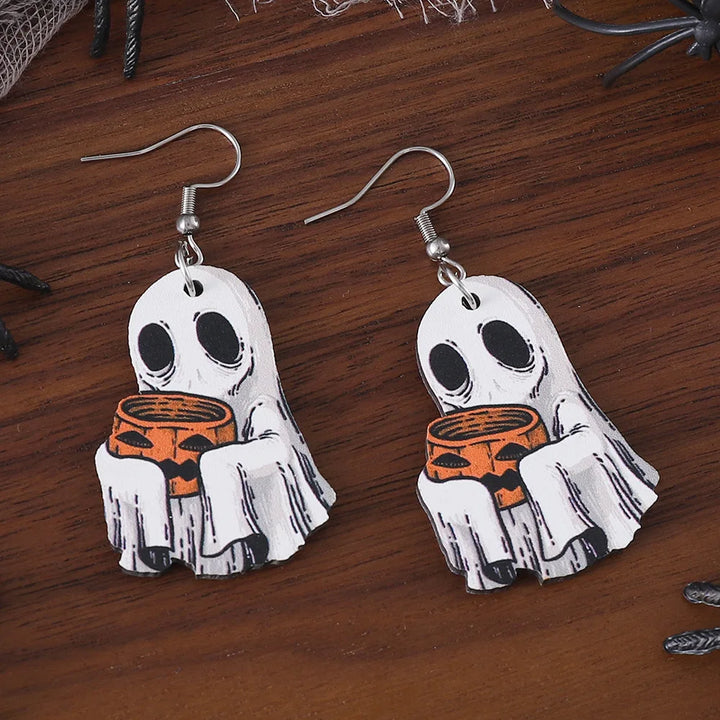 Wooden Double Sided Ghosts Spirits Drop Earrings for Women Pumpkin Candy Ear Pendants Ear Rings Halloween Party Gifts 1 Pair