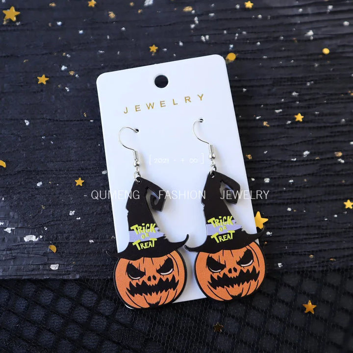 1Pair Acrylic Ghost Skull Pumpkin Earring Witch Hat Ear Pendant for Women Cartoon Ear Ring Halloween Festival Holiday Party Gift
